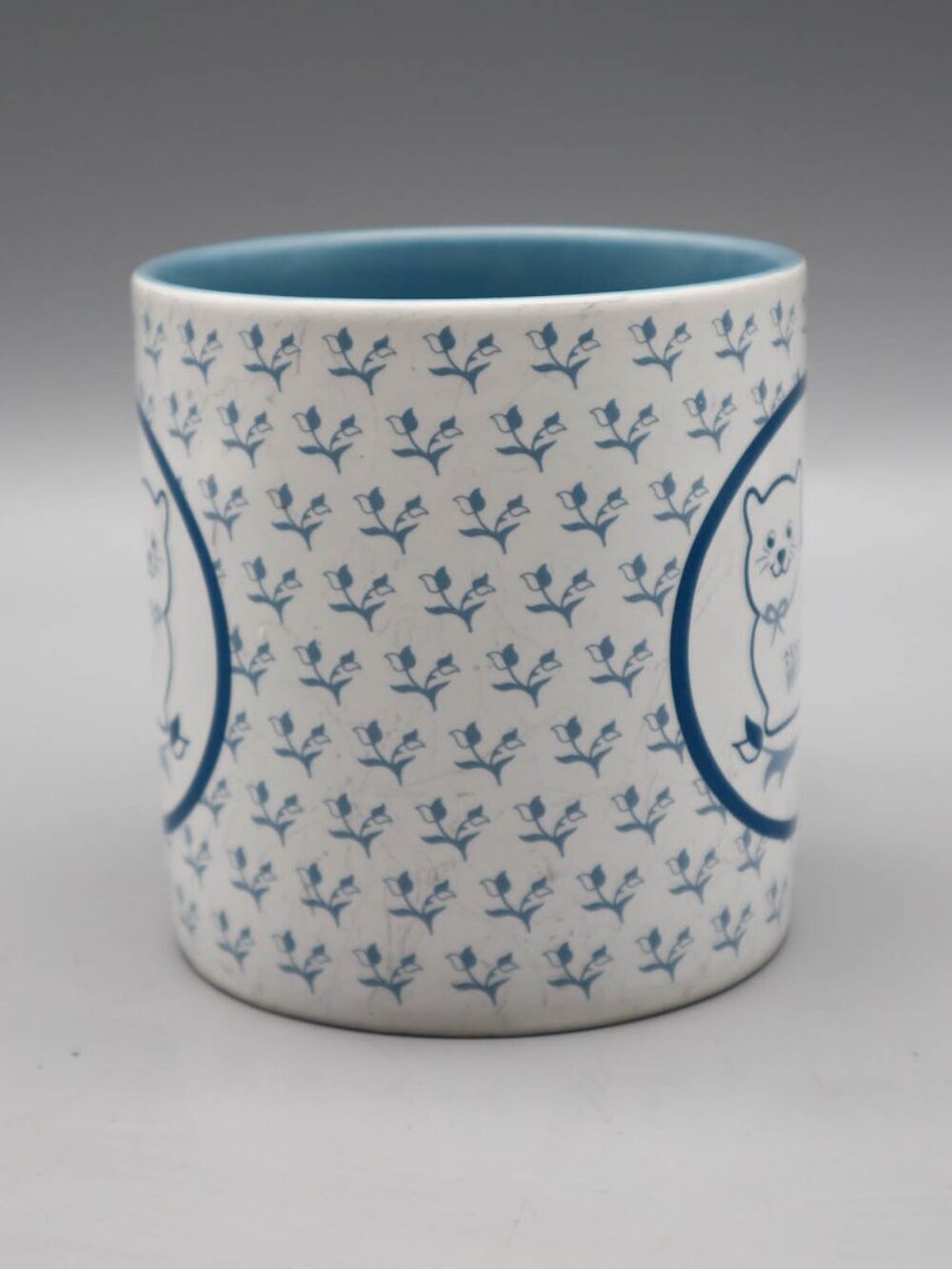 Vtg Russ Berrie Country Cat Blue & White Floral Ceramic Coffee Mug #8124 Cottage - Picture 2 of 7
